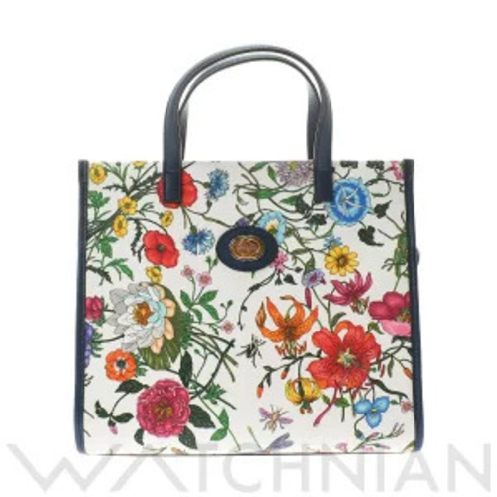 Gucci Flora Flower Tote Bag White Navy Blue Canvas